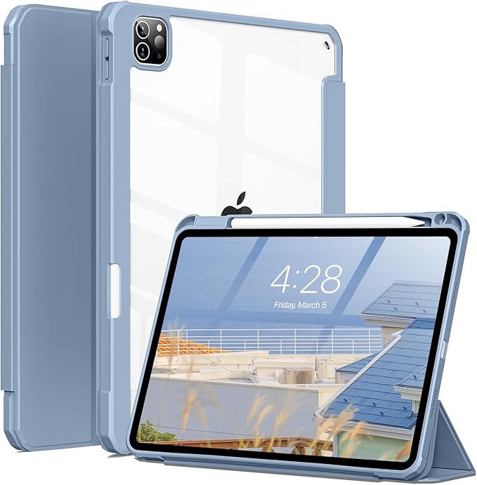 Case for iPad Pro 12.9 Inch (6th/5th/4th/3rd Generation 2022/2021/2020/2018) with Pencil Holder, Clear Transparent Back Shell Slim Stand Shockproof Tablet Cover, Auto Wake/Sleep, Blue