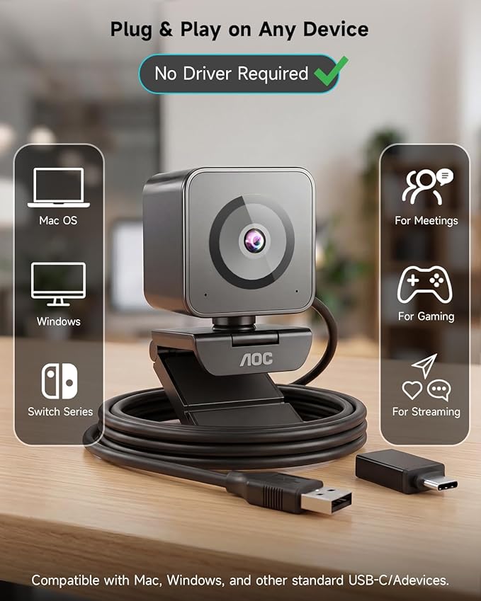 AOC 4K Webcam for PC with 1/2.55'' Sensor, 1080P 60FPS Streaming Camera with PDAF Autofocus, Privacy Cover, Plug & Play computer camera 75° FOV for Zoom/Mac/Switch 2, Includes Tripod & USB A-C Adapter