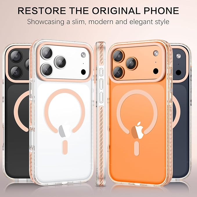 BENTOBEN Magnetic for iPhone 17 Pro Max Case 6.9", Compatible with Magsafe Shockproof Protective Bumper Cute Transparent Slim Anti-Yellowing Phone Case for iPhone 17 ProMax Cover, Clear Light Orange