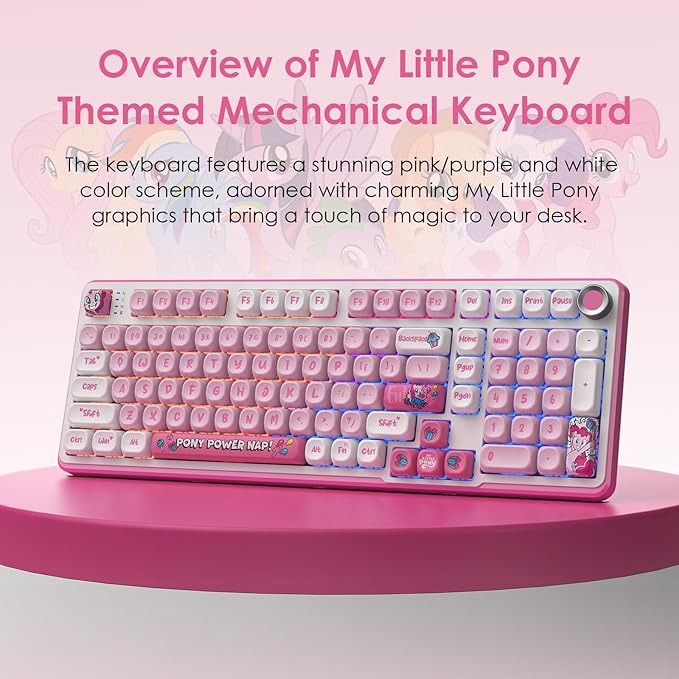 My Little Pony [Official Hasbro Licensed] Wireless Mechanical Keyboard, 101 Keys RGB Gaming Keyboard with Custom Linear Switches & Knob Control, 3-Mode (BT/2.4G/USB-C), Cute Pink Gift for MLP Fans