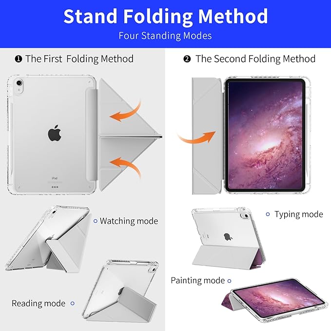 Origami Case for iPad 11th Generation 2025 A16, iPad 10th Generation 2022 Case, Slim Trifold Multi-Angle Stand, Shockproof Clear Back Cover with Pencil Holder, Watercolor Floral
