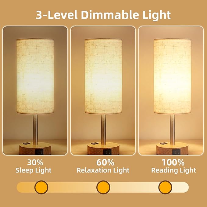 Table Lamp for Nightstand, High-Sensitivity Touch, 3-Level Dimmable Bedside Lamp with AC Outlet | USB | and USB-C, Ideal Night Stand Lamp for Bedroom, Reading, Living Room(Warm&Wooden)