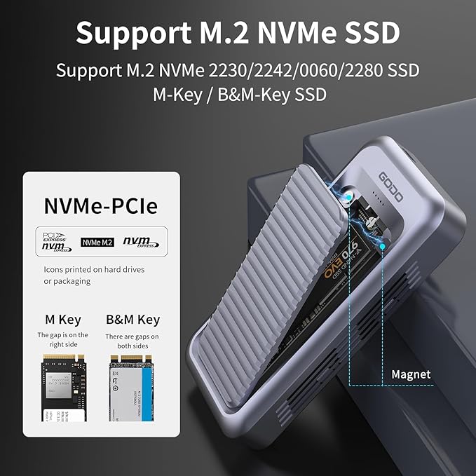 GODO 40Gbps M.2 NVMe SSD Enclosure ,Aluminum Type C USB4.0 Hard Drive Enclosure,Tool Free Installation, Support SSD Size 2230/2242/2260/2280 Compatible with Thunderbolt 4/3/USB4/3.2/3.1/3.0/2.0