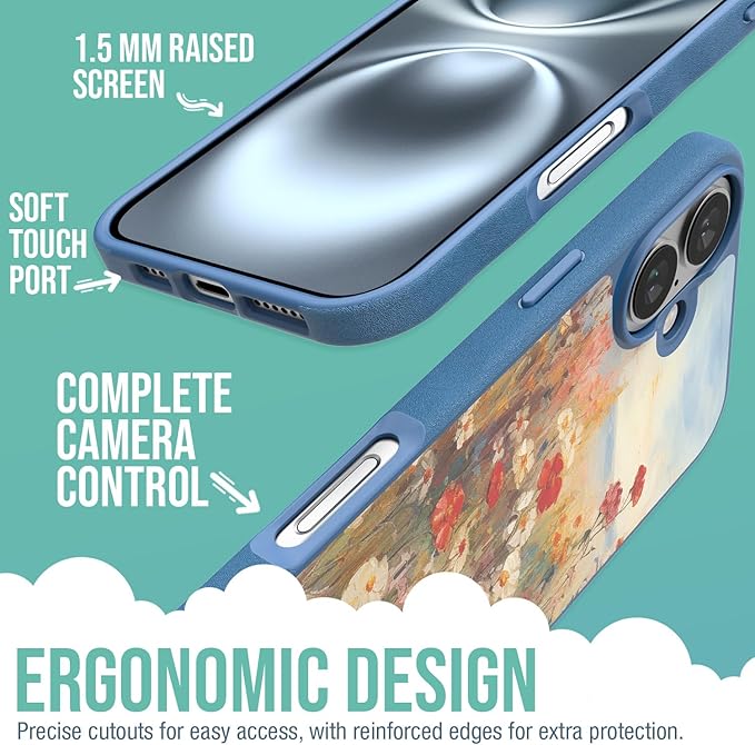 Smartish® iPhone 16 Plus Magnetic Case - Gripmunk Compatible with MagSafe [Lightweight + Protective] Slim & Thin Grip Cover with Microfiber Lining for Apple iPhone 16 Plus - Wildflower Fields