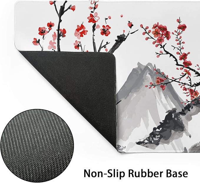 Extended Gaming Mouse Pad XL，White Japanese Cherry Blossom Large Mouse Mat Desk Pad, Extended Stitched Non-Slip Rubber Edges Mousepad 31.5 X 11.8 Inch