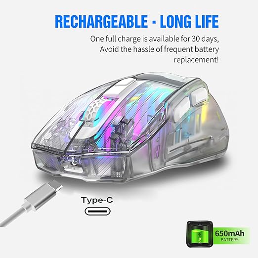 HXMJ-Wireless Gaming Mice with Transparent Crystal Shell,Tri-Modes (USB Wired+2.4G Wireless+Bluetooth),Silent Click,RGB Backlit-White