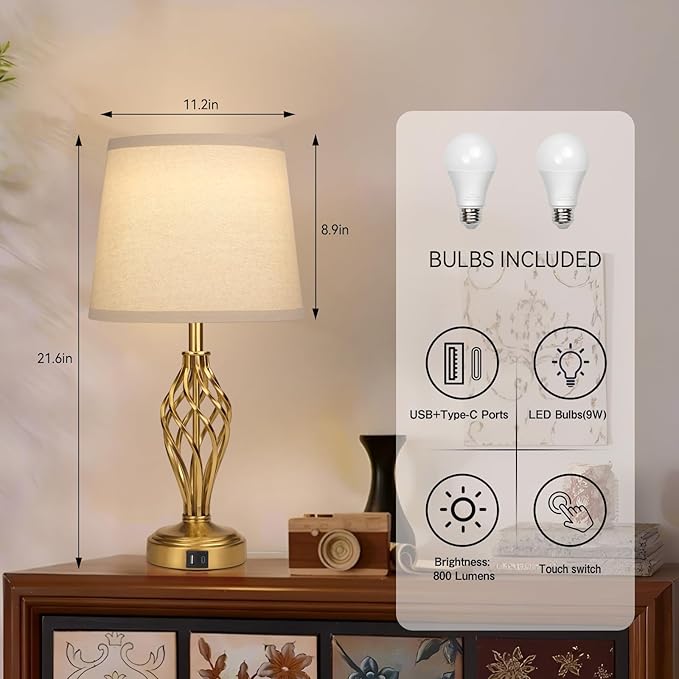 Ruiever Touch Table Lamps Set of 2, nightstand lamp with USB Ports Bedside 3 Way Touch dimmer Desk lamp for Living Room Bedroom,Gold Plated Spiral cage Base Design Warm White dimmer Bulbs Included.
