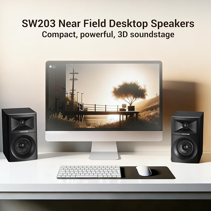 Sanyun SW203 2.0 Desktop Computer Speakers - Near-Field 3D Stereo with Vertical Imaging - 60W Triple-DSP Dual Independent Drive - 24bit USB-C DAC Bluetooth 5.4 AUX, HiFi PC Gaming (Pair, Black)