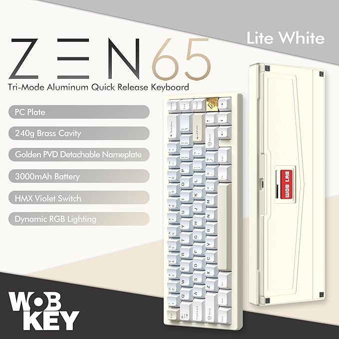 KEEBMONKEY WOBKEY Zen 65 65% Quick Release Wireless Mechanical Keyboard with RGB, CNC Aluminum Case, Hot-Swappable, VIA Support, BT/2.4G/USB-C Gaming Keyboard for Mac/Windows (Lite White)