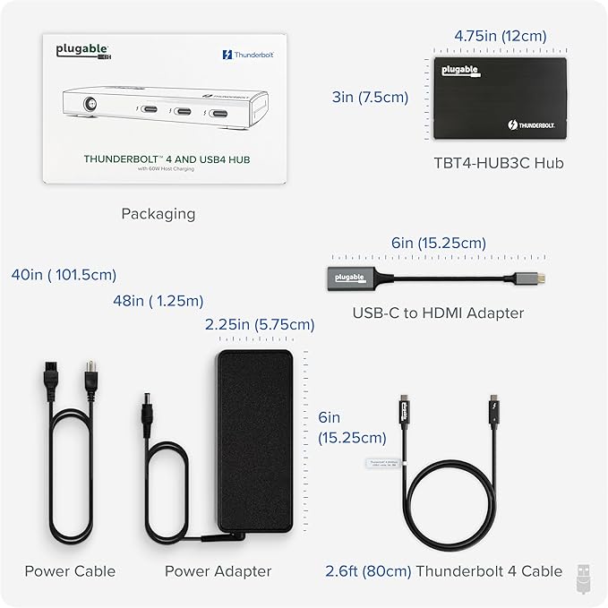 Plugable Thunderbolt 4 Hub | 60W Laptop Charging | 3X Thunderbolt 4 Ports | Dual 4K/Single 8K Displays | USB4 Compatibility - TBT4-HUB3C