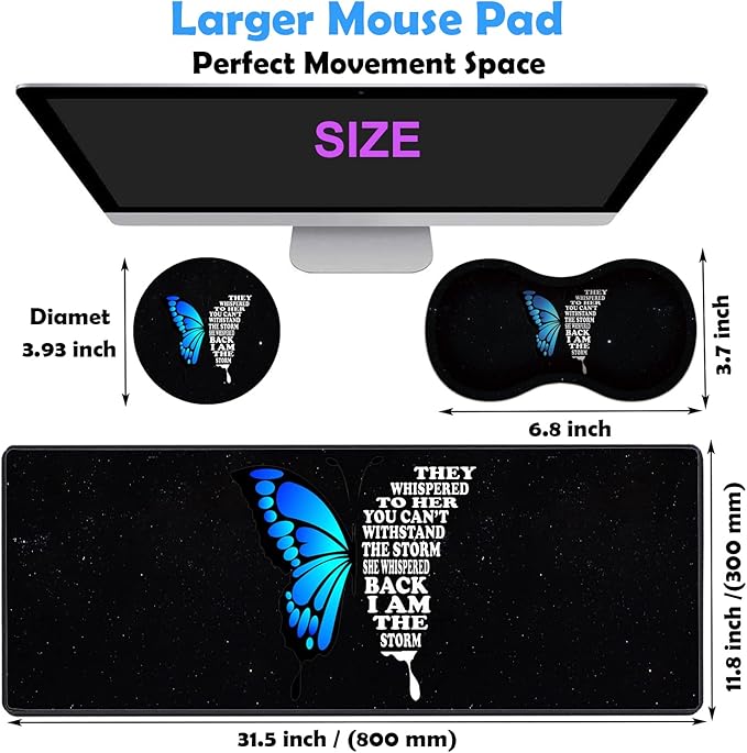 3 Piece Mouse Pad Set with Stitched Edge Large Anti-Slip Mouse Pad Desk Pad Keyboard Pad + Wrist Rest Pad + Coaster, Memory Foam Wrist Rest for Office/Home - Starry Sky Butterfly