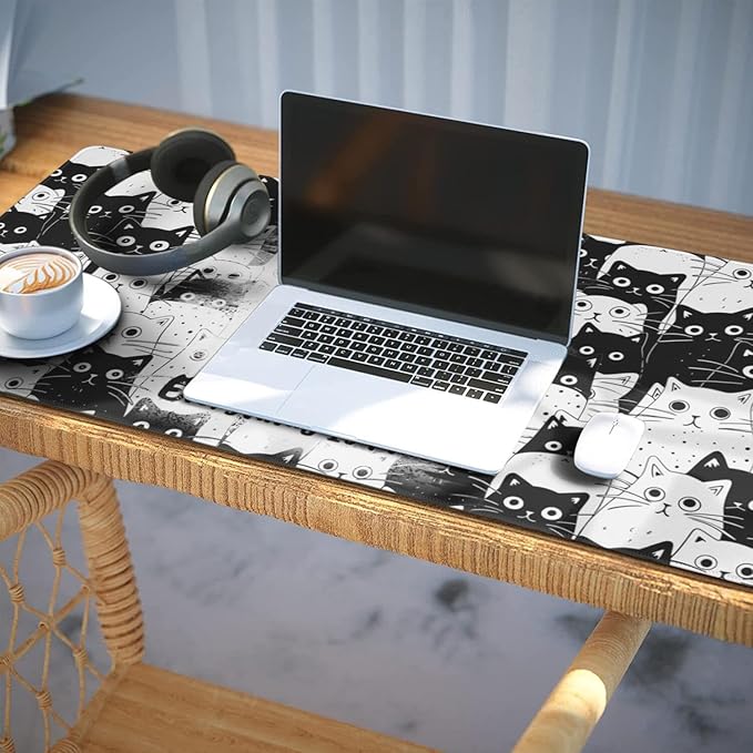 Funny Cat Mouse Pad Gaming, Large Mouse Pads for Desk, Extended Mousepad with Non-Slip Rubber Base Stitched Edge, Black Cat Mousepad Keyboard Mat for Desk Gaming Home Office, 31.5" x 11.8"