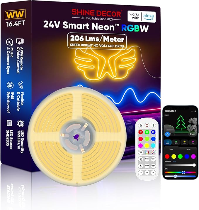 Shine Decor 24V Smart Neon Rope Lights, RGBW Silicone Neon Light Remote APP WiFi Control Music Sync, RGB+Warm White Changing Dimmable LED Neon Strip 16.4FT Flexible Waterproof for Indoor Outdoor