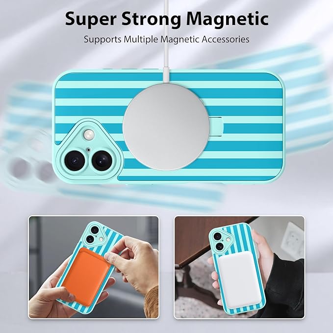 KANGHAR Compatible with iPhone 16 Case, Support for MagSafe, Silicone Stripes Cute Pattern, Wristband Kickstand Camera Protection Soft Slim Cover for Girls Women -Blue