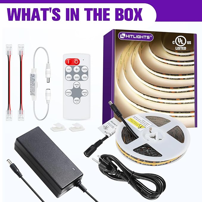 HitLights COB White LED Strip Lights Kit with Remote & 12V Power Supply, 16.4ft Dimmable Tape Light 4000K, 2400LEDs, 305+ Lm/ft, UL Listed, Flexible Rope Lights for Bedroom, Kitchen, Cabinet Lighting