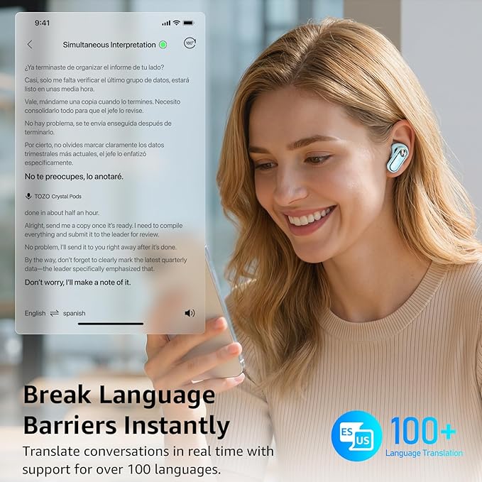 TOZO Crystal Pods Hybrid Active Noise Cancelling Wireless Earbuds, 10mm Drivers Deep Bass, 4 Mics Smart ENC AI Calls, Real-Time AI Translation, 32 EQ via App, Bluetooth 5.4, Crystal Design