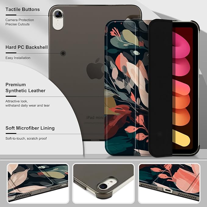 DONGKE for iPad mini 7 (A17 Pro) 2024 & iPad mini 6 2021 8.3 Inch, Slim Foldable Stand Hard PC Translucent Back Shell Smart Cover for iPad mini 7th/6th Generation [Auto Wake/Sleep] - Painted Florals