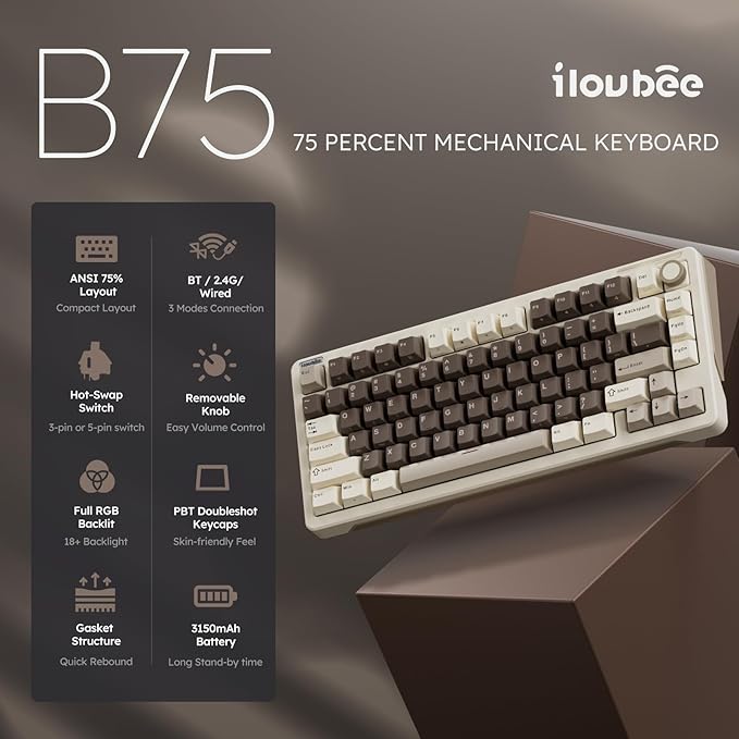 iLovBee B75 Wireless Mechanical Keyboard, 75% Percent Gaming Keyboard w/Bluetooth/2.4GHz/USB Wired, Creamy Hot Swappable Keyboards with Knob, Gasket Mounted PBT keycaps, Pre-Lubed Linear Switches