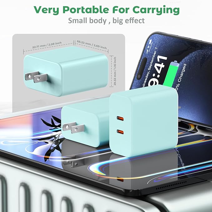 USB C Charger Block, 40W Dual Port Fast Charger 20W Type C Charging Block 3.1A USB Wall Charger Dual Port PD+QC Charging Cube for iPhone 15 16 14 13 12 11 Pro Max XS, iPad, Samsung Phone-Green