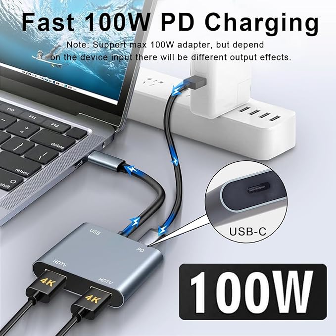 USB C to Dual HDMI Adapter, 4K@60Hz HDMI Splitter for Dual Monitors with USB 3.0, 100W PD Charging, HDMI Splitter Extended Display for for MacBook Air/Pro, Dell XPS, HP, Surface, Chromebook