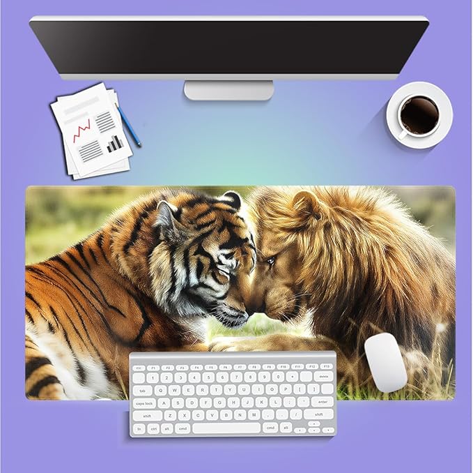 Large Gaming Mouse Pad (31.5" x 15.8") - Lion and Tiger Natural Predators Share A Peaceful Moment Together, Extra XXL Office Accessories, Premium Stitched Anti-Slip Office Desk Mat