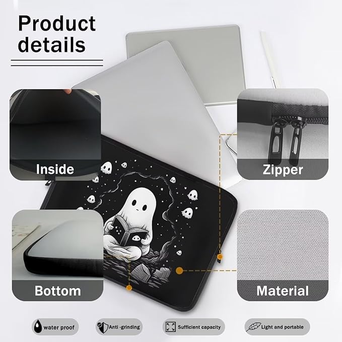 Cute Ghost Laptop Sleeve Case for Women Men 12 inch Laptop Protector with Multiple Uses Portable Computer Sleeve Kawaii Tablet Bag Laptop Carrying Case Gifts for Girls