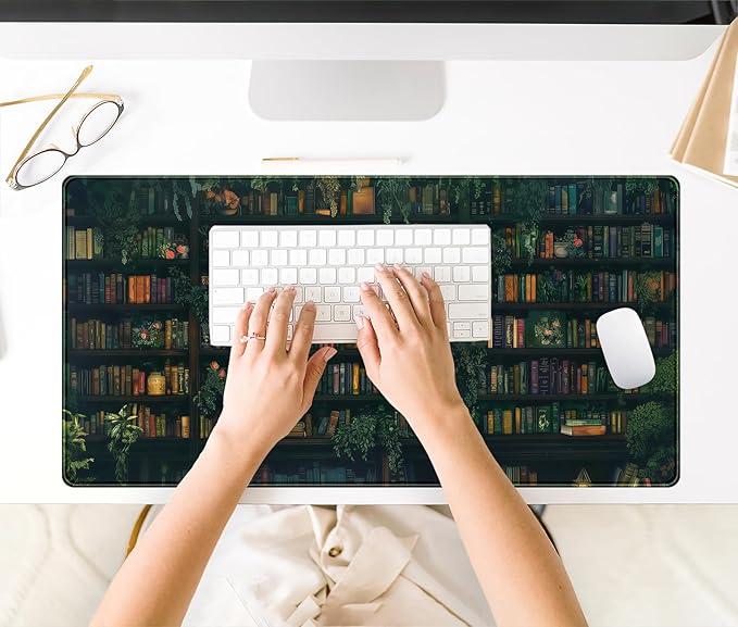 Green Leaves Desk Pad Extended Mouse Mat, Plant Bookshelf Gaming Desk Mat, Large Laptop Keyboard Pad Full Desk Mouse Pad XXL, Giant Desktop Computer Pad, Home Office Decor Aesthetic 31.5" x 15.75"