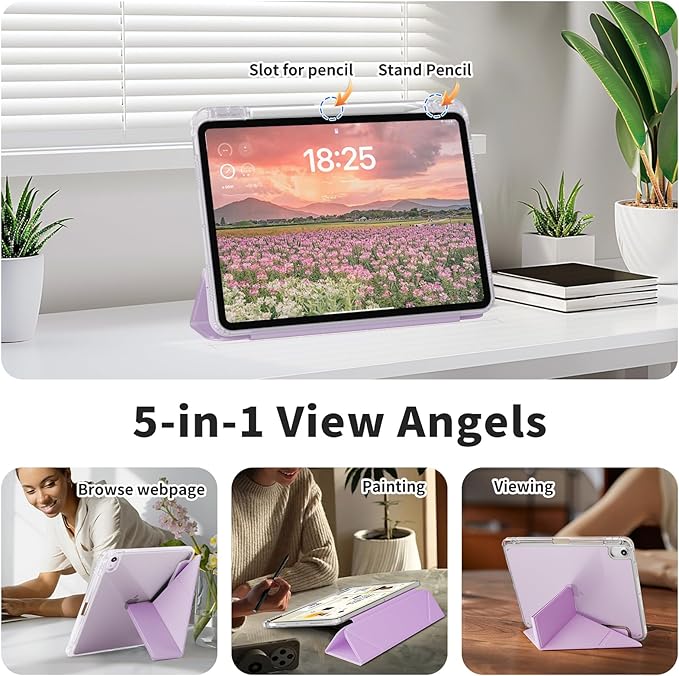Clear Case for iPad mini 7 A17 Pro 8.3 Inch, iPad mini 7th/6th Generation Case (2024/2021),Slim Shockproof Transparent Back,Y-Shaped Mutil Angles Folding,Supports Pencil Pro&USB-C (Purple)