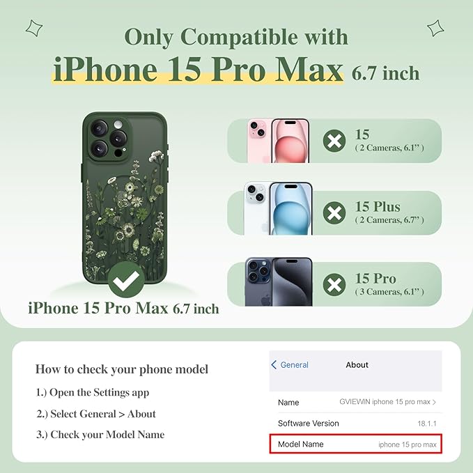 GVIEWIN for iPhone 15 Pro Max Case Compatible with MagSafe, [Military Grade Protection] [Screen Protector] Full Camera Protection Floral Translucent Women Magnetic Phone Case, Floratopia/Forest Green