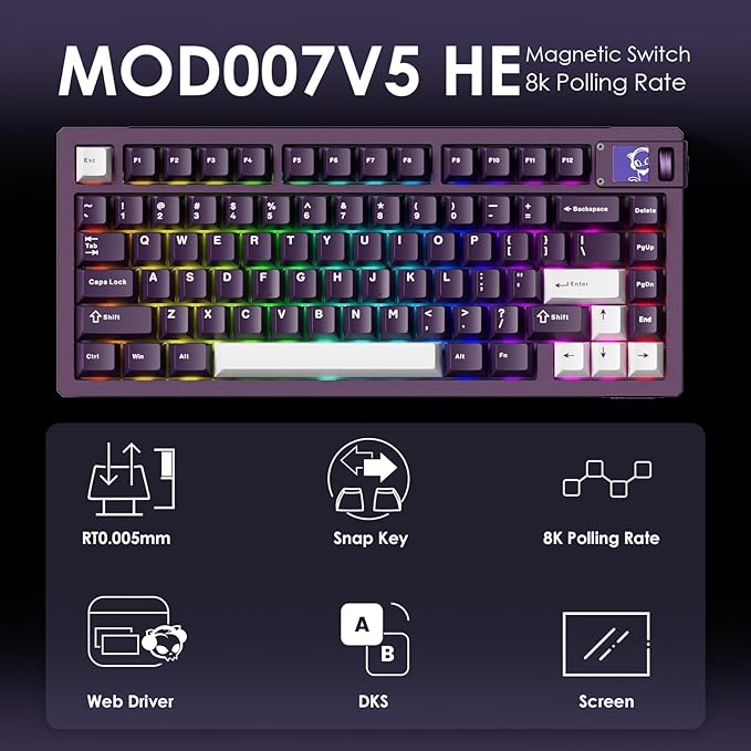 Akko MOD007 V5 HE Wired Rapid Trigger Gaming Keyboard Quick Release Aluminum Wired Keyboard with Personalized Screen FR4 Plate Purple, AstroAim Switch