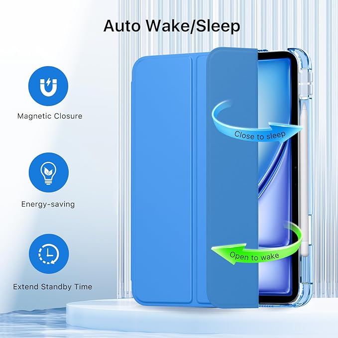 MoKo for iPad Air 11 inch Case (M4/M3/M2) 2026/2025/2024, iPad Air 5th/4th Gen 10.9 inch Case 2022/2020 with Pencil Holder, Slim Light Trifold Cover with Hard PC Translucent Back Shell, Blue Wave