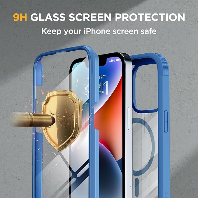Miracase Glass Series Designed for iPhone 14 Plus Case 6.7 inch, 2023 Upgrade Full-Body Magnetic Clear Case with Built-in 9H Tempered Glass Screen Protector,Compatible with MagSafe, Capri Blue