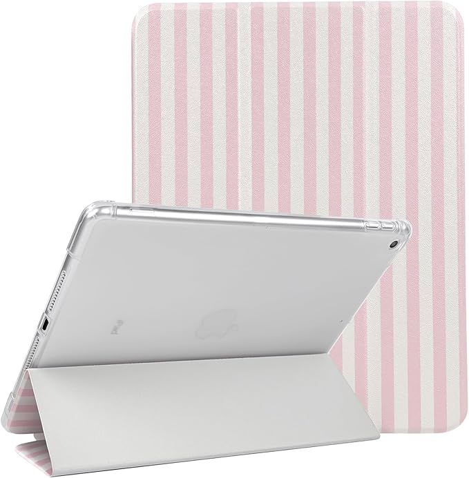 Lovmooful Compatible for iPad 9/8/7 (10.2-Inch,2021/2020/2019 Model,9th/8th/7th Generation) Case with Pencil Holder Cute Striped with Aesthetic Design Soft TPU Trifold Stand Protective-Pink&White