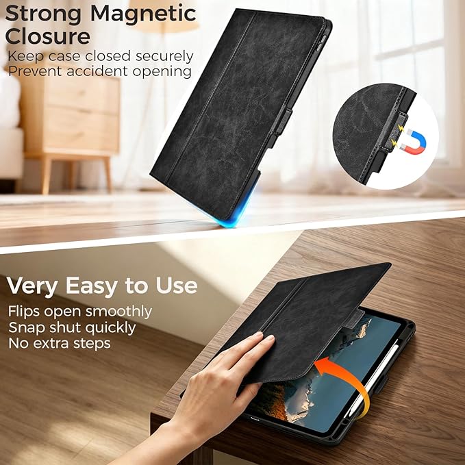 Slim Case for iPad Pro 11 Inch M5/M4 (2025/2024) A3357/A3358/A2836/A2837 with Pencil Holder,Lightweight Cover,Magnetic Closure,Multi Angle Stand,Typing Angle,Auto Sleep/Wake,Black