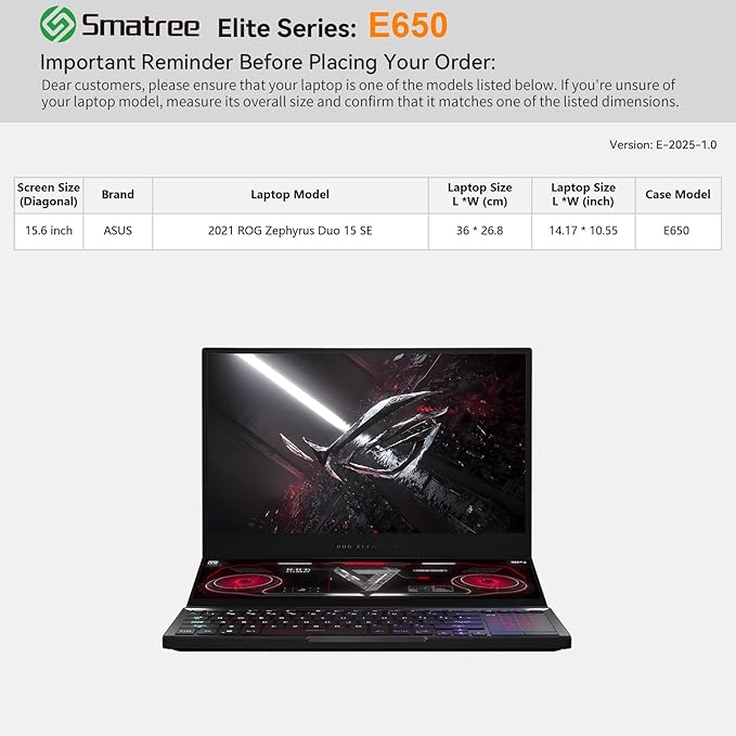 Smatree Laptop Sleeve for 15.6 inch ASUS 2021 ROG Zephyrus Duo 15 SE GX551QS-XS99/GX551QS-XS98/GX551QS-XB99, Case with Accessory Pocket, YKK Zipper, Patented Super-Corner Design(E650)