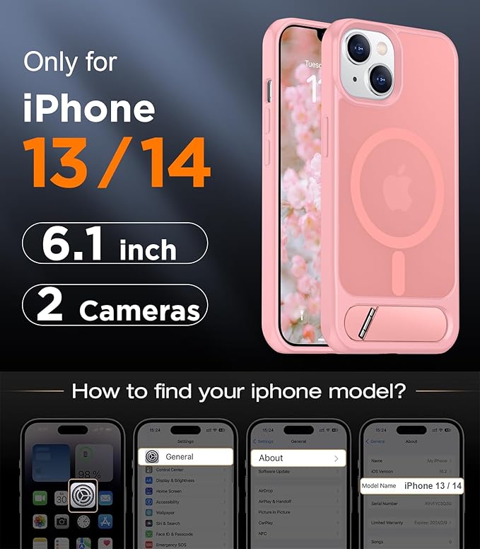 Magnetic Compatible with iPhone 14 Case/iPhone 13 Case,[Built-in Invisible Kickstand][Compatible with MagSafe][Military Grade Shockproof] Slim Translucent Matte Phone Case for iPhone 14/13 6.1"