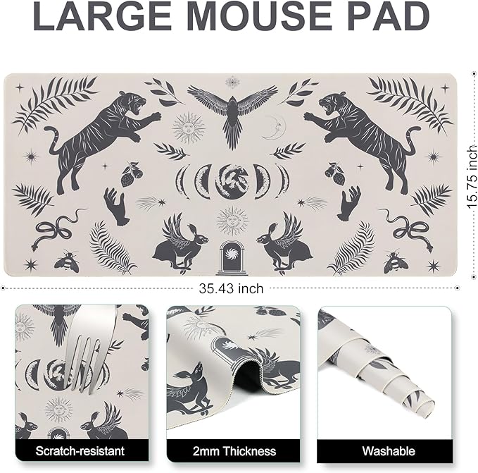 L-SPOUTTO Mystical Desk Mat for Keyboard and Mouse,Astrology XXL Gaming Mouse Pad,Large 35.4x15.7in Non-Slip Rubber Base Keyboard Pad Desktop Mat for Laptop Computer Work Home Office-Wild Animal
