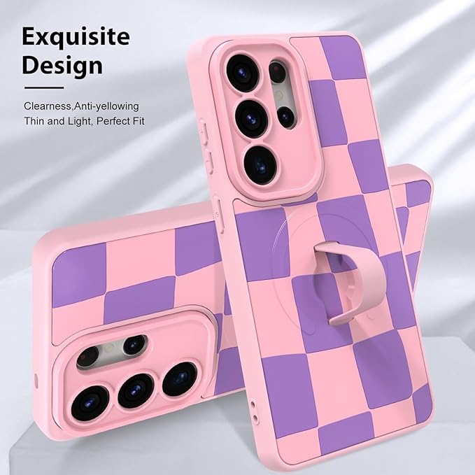KANGHAR Compatible with Samsung Galaxy S26 Ultra Case, Support for MagSafe, Silicone Checkered Cute Pattern, Wristband Kickstand Camera Protection Soft Slim Cover for Girls Women -Pink