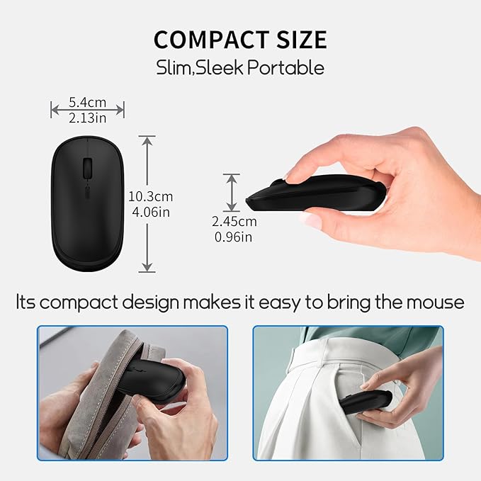 Small Wireless Mouse, Slim Mini Mouse, Portable Computer Mice with USB Receiver, Quiet Click, 2400 DPI, 2.4GHz Cordless Silent Mice for Laptop PC - Black
