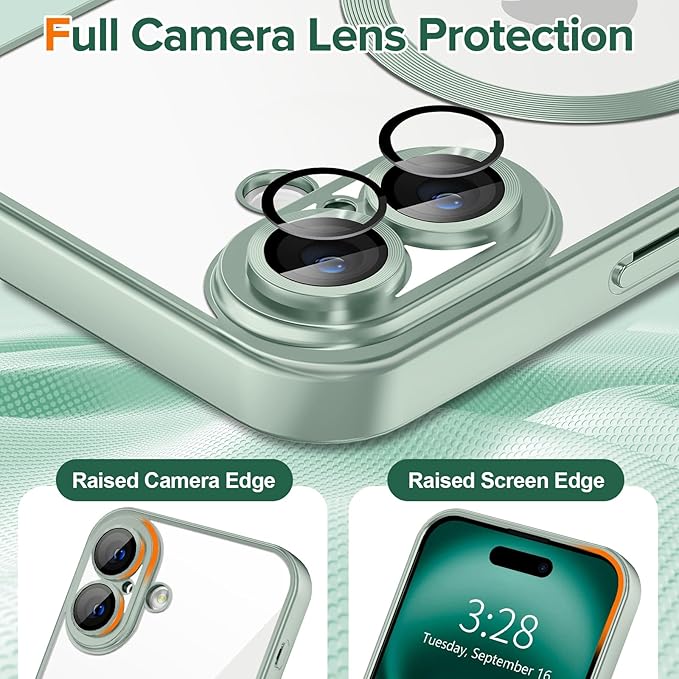 Hython Magnetic Clear for iPhone 16 Plus Case with Camera Lens Protector [Compatible with MagSafe] Luxury Plating Edge Slim Soft TPU Cover Protective Phone Case for iPhone 16 Plus, Matte Mint