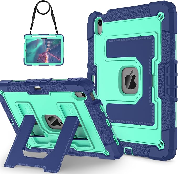 Kids Friendly Case for iPad Air 11 Inch M4 M3 M2 2026/2025/2024 Case with Pencil Holder & Shoulder Strap, Military Grade Shockproof Kickstand Hard Shell Protective Cover,Blue+Mint