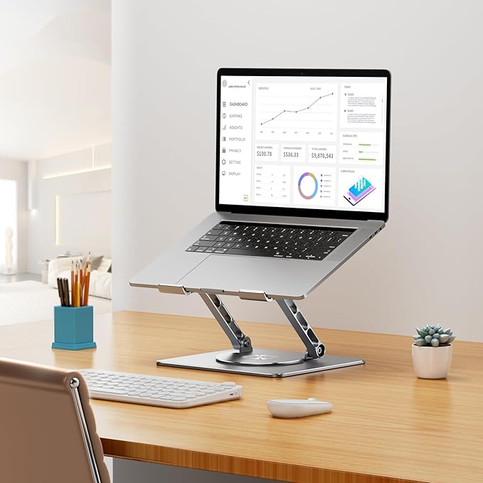 Rotating Laptop Stand, 360° Angle Swivel, Height Adjustable for Neck/Shoulder Health, Solid Aluminum Base, Fits 10"-17" Laptop & Tablet (Silver)