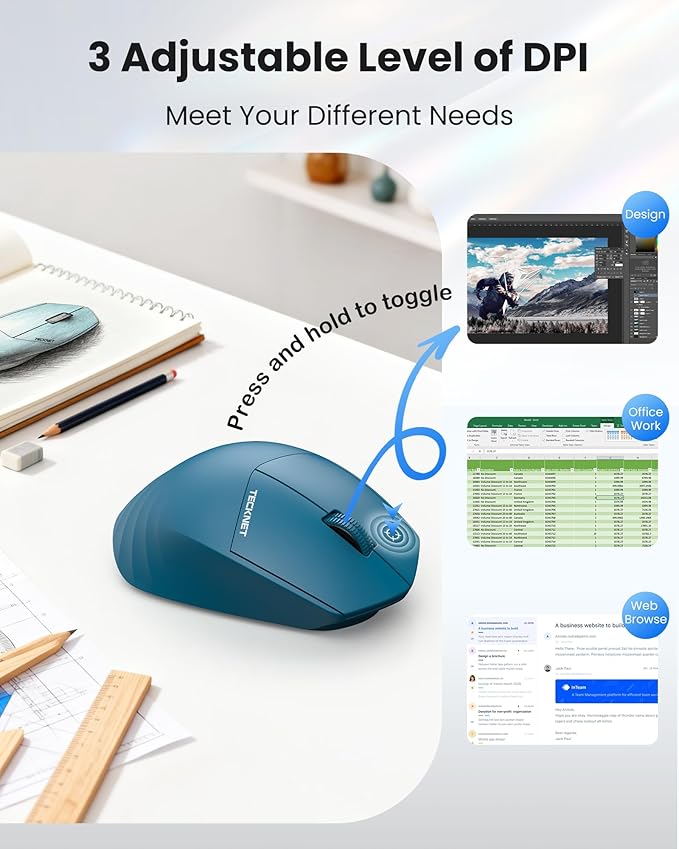 TECKNET Wireless Mouse, 2.4GHz Computer Mouse, 3 Adjustable DPI Silent Mouse with USB A Receiver, 3 Buttons, 24 Months Battery Life, Ergonomic Wireless Mouse for Laptop, PC, Mac, Desktop-Blue