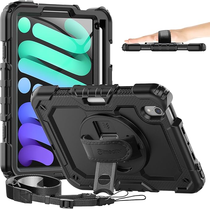 Timecity Case for iPad mini 7 (A17 Pro) 8.3 inch 2024, for iPad mini 6, Protective Case with Screen Protector, Pencil Holder, Rotating Stand & Handle Strap for iPad mini 7th/6th Generation - Black