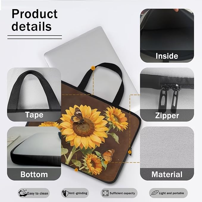Sunflowers 10-17 Inch Laptop Sleeves Bag for Women Girls, Tablet Carrying Case Computer Cover with Handle, Zipper Notebook Messenger Briefcase Shoulder Bag for Work/School/Travel