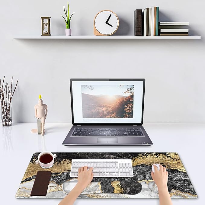 DINKY Keyboard Mouse Pad Set, Large Gaming Mousepad + Memory Foam Ergonomic Keyboard Wrist Rest Support, Easy Typing Pain Relief, 4Pcs (35.4" x 15.8") Extended Desk Mat -Black Gold Marble