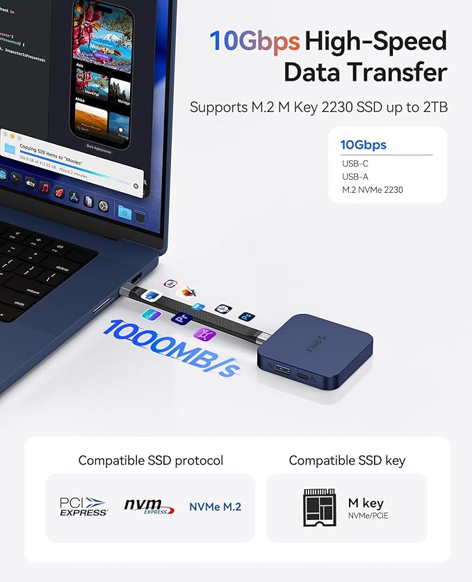 ORICO 10Gbps Magnetic M.2 Docking Station, 6-in-1 USB C HUB & M.2 2230 NVMe Enclosure with HDMI 4K@60Hz, USB-A&C 3.2, 100W PD, AUX, USBC Dock for iPhone 17/16/15 Pro/Pro Max