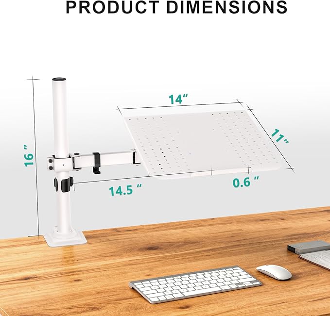 WALI Laptop Desk Mount for 17 inch Notebook, Adjustable Single Monitor Arm with Laptop Holder for 32 inch Screen, Laptops Stand with Ventilated Tray, Up to 22 lbs, (M00LP-W), White