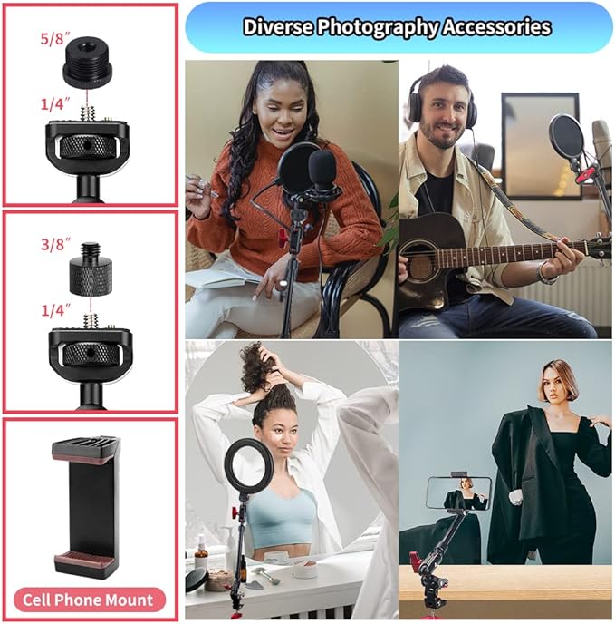 13"/34cm Magic Arm w Clamp, Camera Mount & Clamp w 1/4" 3/8" Threads and Articulating Friction Magic Arm, Overhead Phone Mount, Camera Boom Arm Mount for Light Webcam Mic Action Camera Monitor