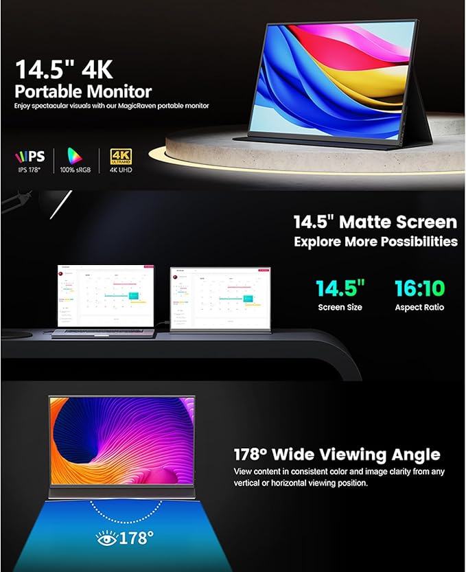 Zopsc 14.5inch 4K Portable Monitor, 3840 * 2400P 60Hz 16:10 External Extended Display for Stock Editing Design Business Meeting Mobile Office Game Entertainment etc.